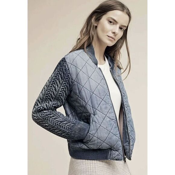Anthropologie Cloth & Stone Women’s Denim Quilted Chambray Zip Bomber Jacket - Picture 13 of 14